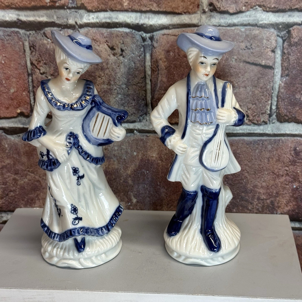 Vtg‎ Pair Europa Bomboniere Blue White Lady w Harp / Man w Mandolin Figurines